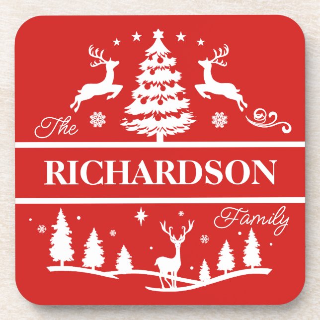 Red Christmas Personalized Family Name | Holiday Coaster (Front)
