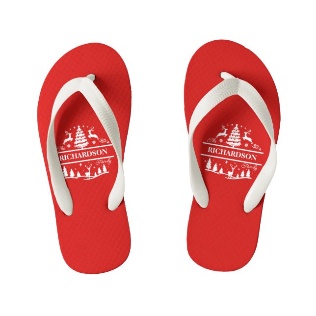 Red Christmas Personalized Family Name | Holiday Kid's Flip Flops (Footbed)