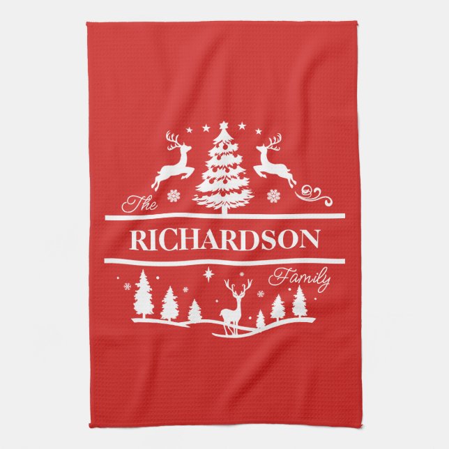 Red Christmas Personalized Family Name | Holiday Kitchen Towel (Vertical)