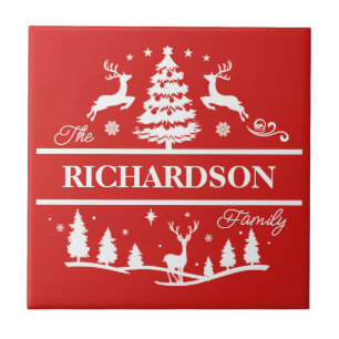 Red Christmas Personalized Family Name Holiday Tile