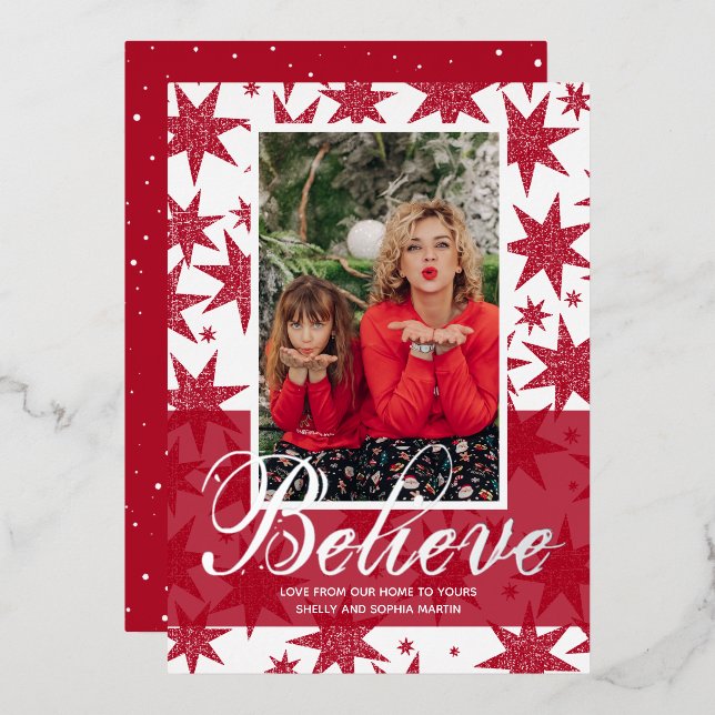 Red Christmas Photo Believe Foil Holiday Card (Front/Back)