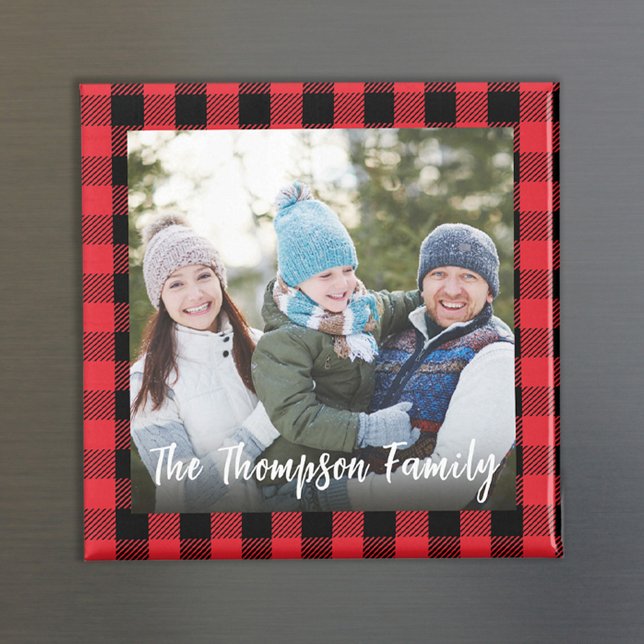 Red Christmas Photo Buffalo Check Custom Magnet (Simple buffalo check photo calligraphy script magnet.)