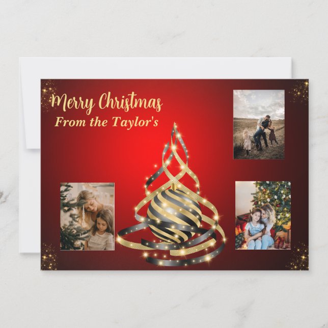 Red Christmas Photo Card with Gold & Black Tree (Front)