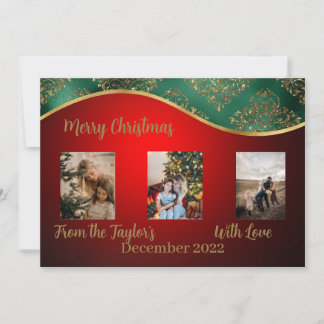 Red Christmas Photo Card with Green & Gold Border