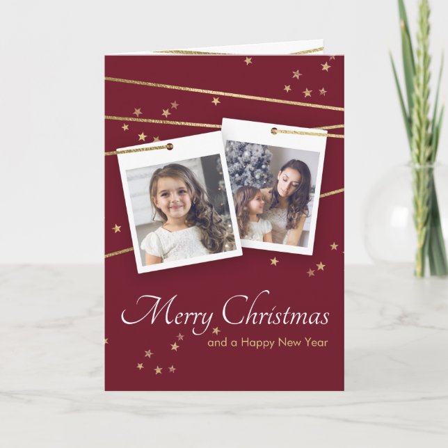 Red Christmas Photo Greeting Gold Geometric Lines Invitation (Front)