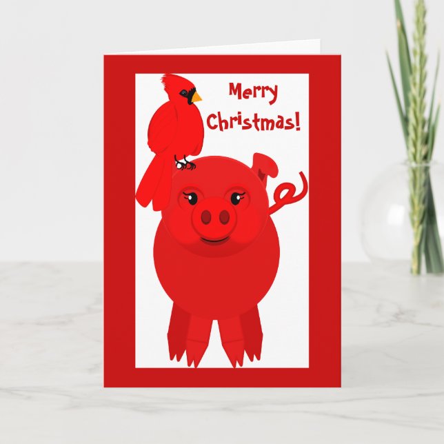 Red Christmas pig and cardinal, card (Front)