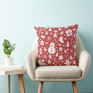 Red Christmas Pillow with Holiday Symbols