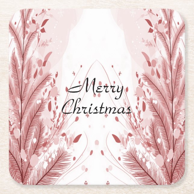 Red Christmas Pine Tree Snow Decoration Beautiful Square Paper Coaster (Front)