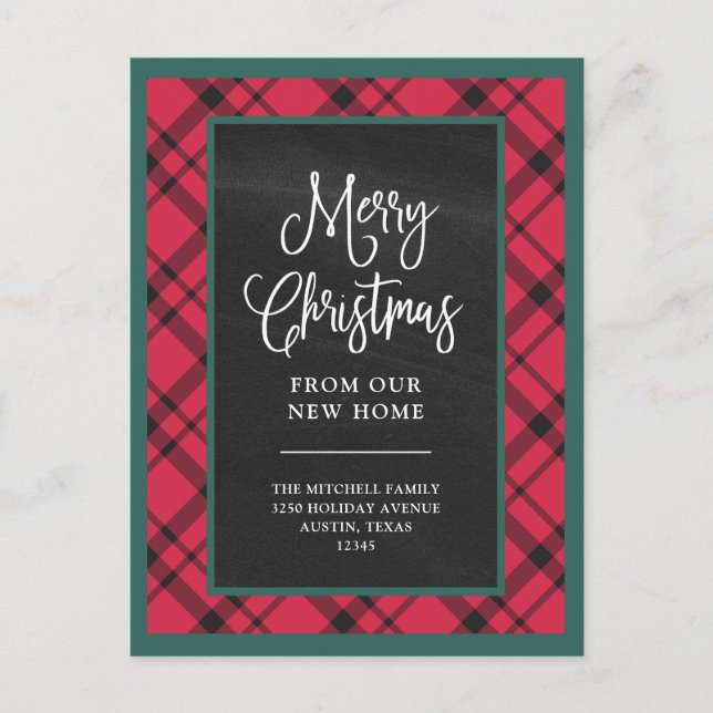 Red Christmas Plaid | New Home Moving Announcement Postcard (Front)
