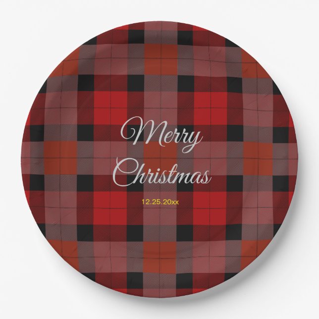 Red Christmas Plaid Pattern Paper Plates (Front)