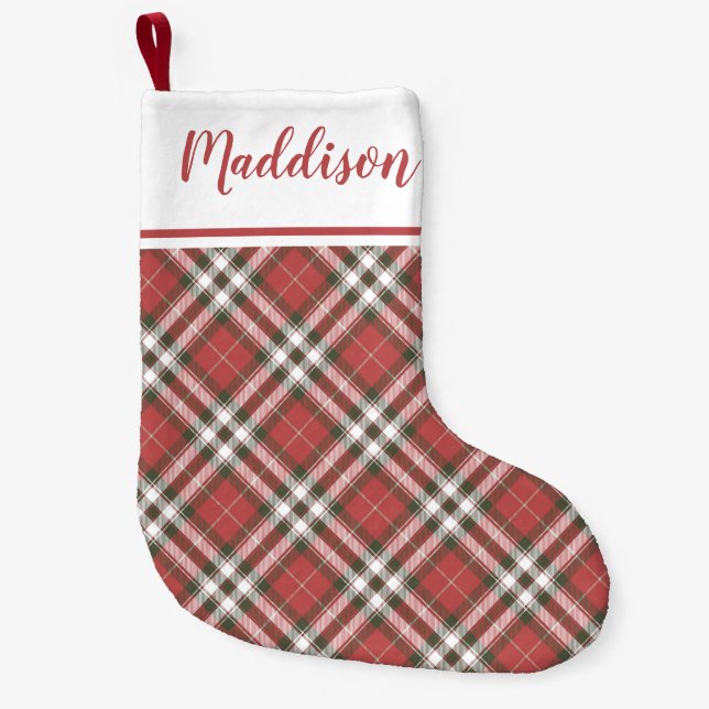 Red Christmas plaid pattern personalized name  Small Christmas Stocking (Front)