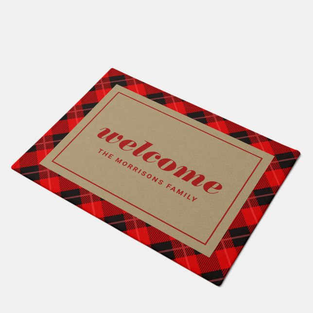Red Christmas Plaid Personalized Welcome Doormat (Angled)