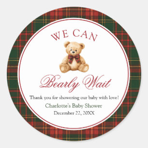 Red Christmas Plaid Winter Teddy Bear Baby Shower Classic Round Sticker