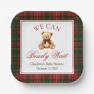 Red Christmas Plaid Winter Teddy Bear Baby Shower Paper Plate