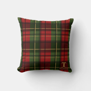 Red Christmas Plaid With Monogram And Surname Throw Pillow