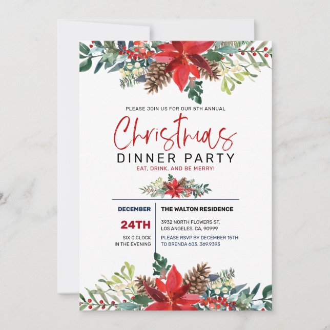Red Christmas Poinsettia and Wnter Foliage Invitation (Front)