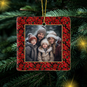 Red Christmas Poinsettia Custom Photo Ceramic Ornament