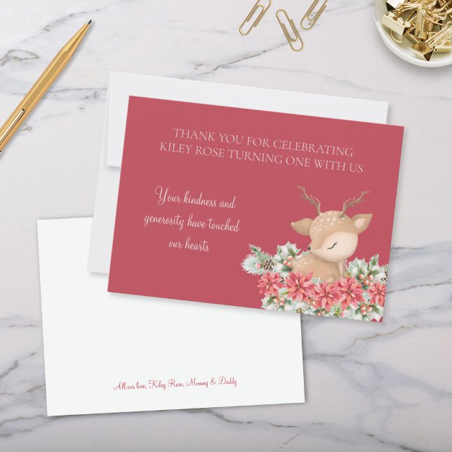Red Christmas Poinsettia Deer Birthday Party Thank You Card (Red Poinsettia and Little Deer Theme Christmas Winter Birthday Party Personalized Thank You Cards)