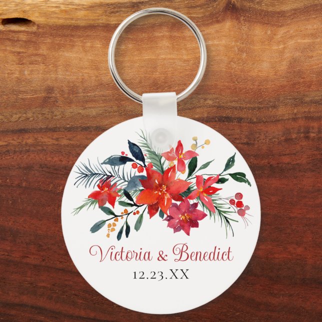 Red Christmas Poinsettia Elegant Floral Wedding Keychain (Front)