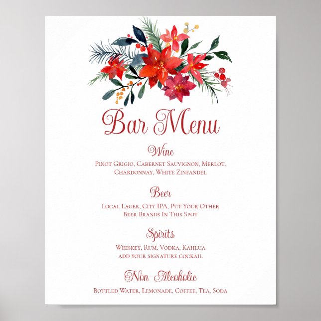 Red Christmas Poinsettia Floral Wedding Bar Menu Poster (Front)