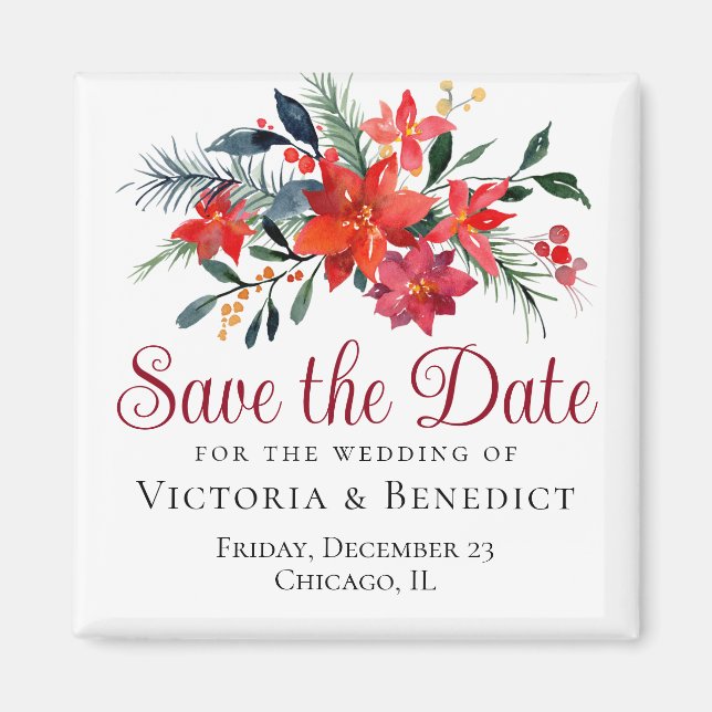 Red Christmas Poinsettia Holiday Save the Date Magnet (Front)