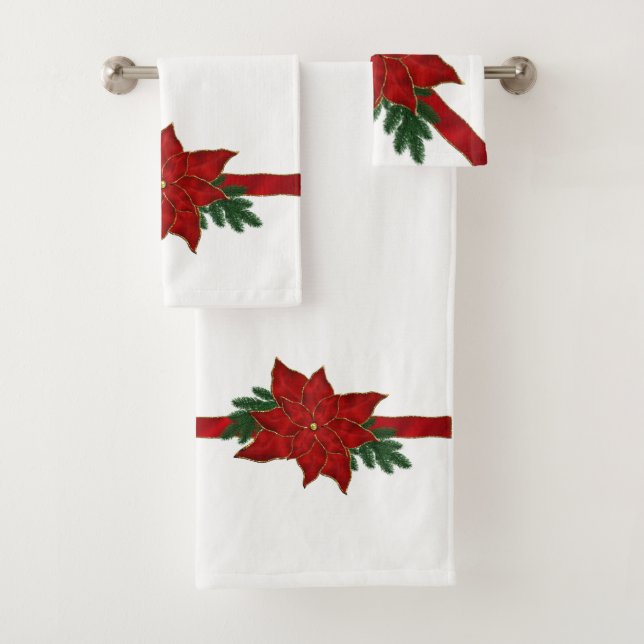 Red Christmas Poinsettia On White Bath Towel Set (Insitu)