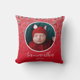 Red Christmas Poinsettia Personalized Baby Photo Throw Pillow