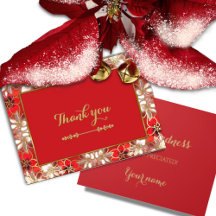 Red Christmas Poinsettias in Snow Thank You Card
