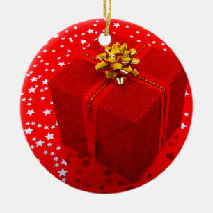 Red Christmas Present Box Ceramic Ornament