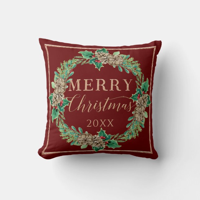 Red Christmas Proposal Wreath Holly Leaf Greenery Throw Pillow (Front)