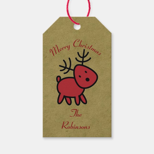 Red Christmas Reindeer Illustration Gift Tags (Front)