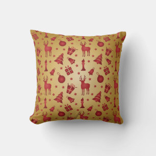 Red Christmas reindeer on Gold Throw Pillow