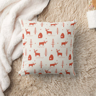 Red Christmas Reindeer   Rustic Woodland Cabin Throw Pillow