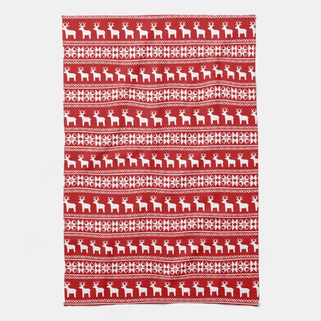 Red Christmas Reindeer Snowflake Classic Pattern Kitchen Towel (Vertical)