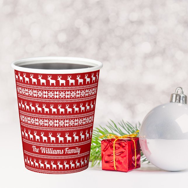 Red Christmas Reindeer Snowflake Cute Custom Party Paper Cups (Creator Uploaded)