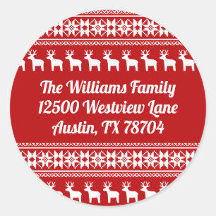Red Christmas Reindeer Snowflake Return Address Classic Round Sticker