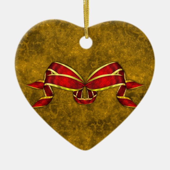 Red Christmas Ribbon on Gold Ceramic Ornament (Front)