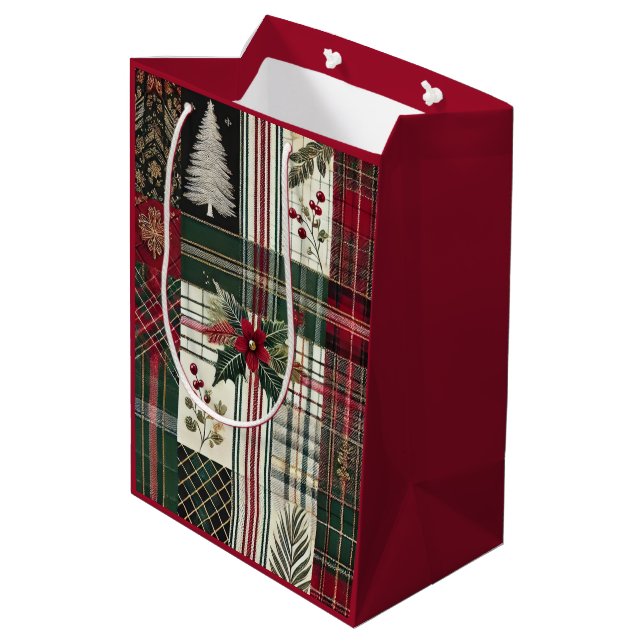 Red Christmas Rustic Plaid Traditional Pattern Medium Gift Bag (Back Angled)