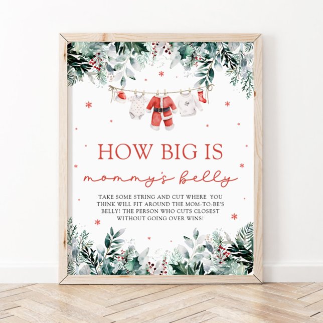 Red Christmas Santa Baby How Big Is Mommy's Belly  Poster (Watercolor Red Christmas Santa Baby How Big Is Mommy's Belly Sign)
