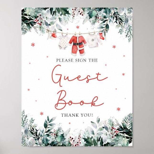 Red Christmas Santa Baby Shower Guest Book Sign (Front)