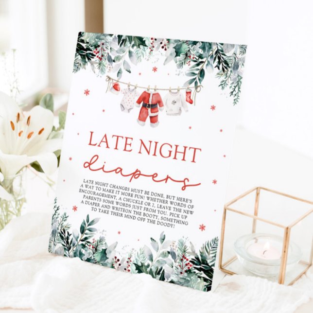 Red Christmas Santa Baby Shower Late Night Diapers Pedestal Sign (Watercolor Red Christmas Santa Baby Shower Late Night Diapers Pedestal Sign)