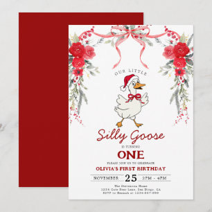 Red Christmas Silly Goose Girl 1st Birthday Invitation