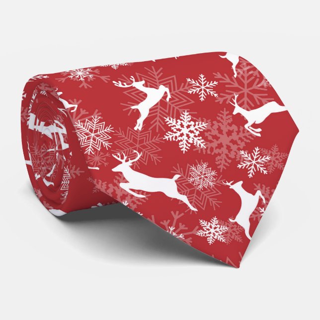 Red Christmas snowflakes deer pattern Tie (Rolled)