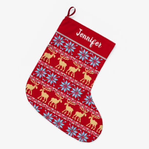 Red Christmas Snowflakes Elk Nordic Pattern Large Christmas Stocking