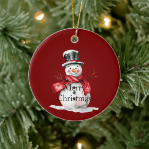 Red Christmas Snowman Santa Ceramic Ornament
