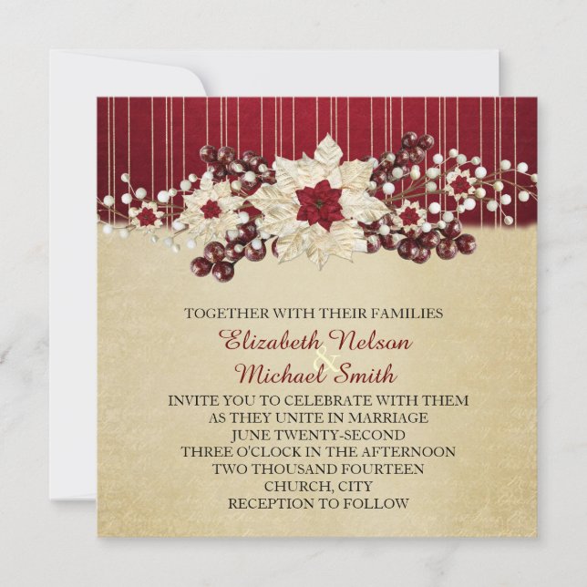 Red Christmas Star Damask Gold Faire-part de maria (Devant)