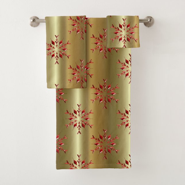 Red Christmas Stars on Gold Bath Towel Set (Insitu)