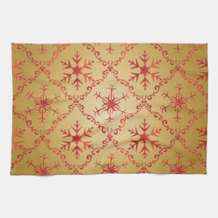 Red Christmas Stars on Gold Kitchen Towel