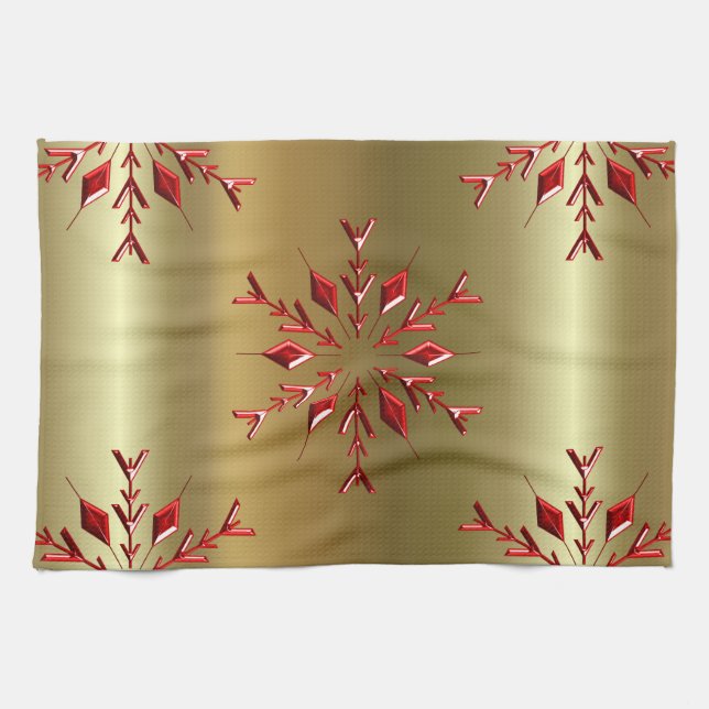 Red Christmas Stars on Gold Kitchen Towel (Horizontal)