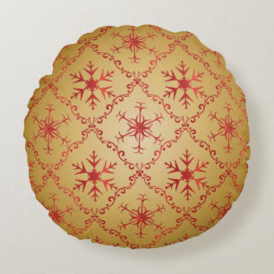 Red Christmas Stars on Gold Round Pillow